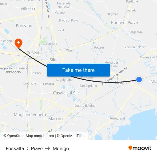 Fossalta Di Piave to Monigo map