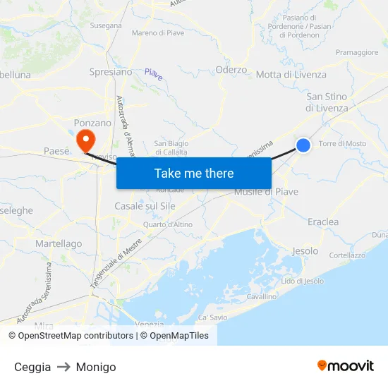 Ceggia to Monigo map