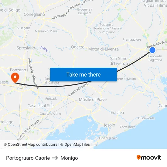 Portogruaro-Caorle to Monigo map