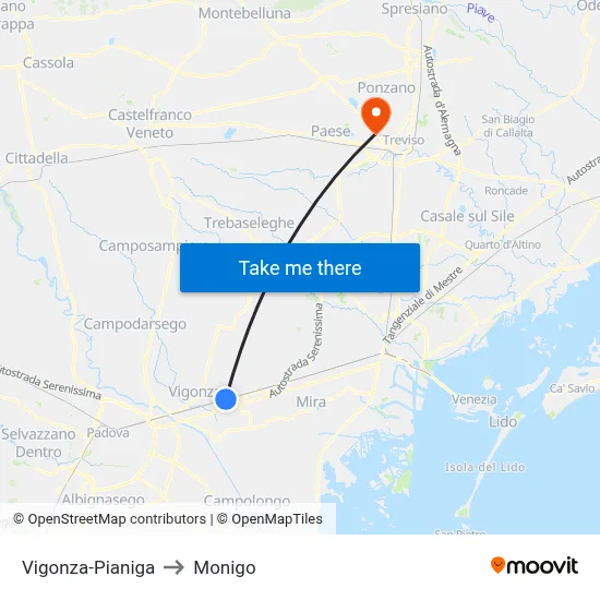 Vigonza-Pianiga to Monigo map
