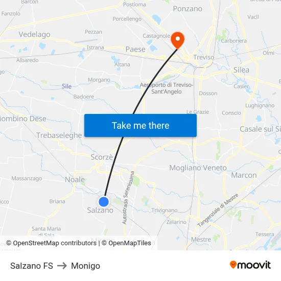 Salzano Station to Monigo map