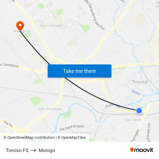 Treviso Station to Monigo map