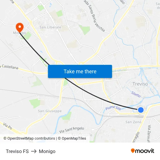 Treviso Station to Monigo map