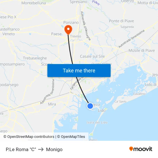 Piazzale Roma 'C' to Monigo map