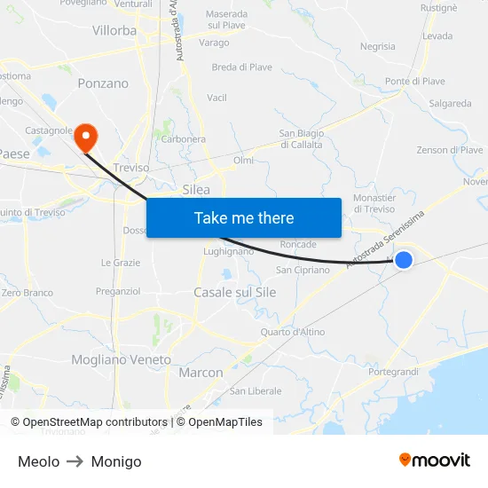 Meolo to Monigo map