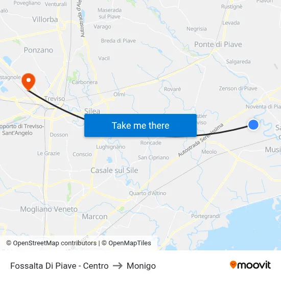 Fossalta Di Piave - Centro to Monigo map
