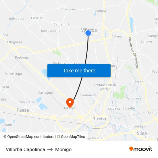 Villorba Terminal to Monigo map