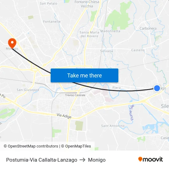 Postumia-Callalta Road-Lanzago to Monigo map