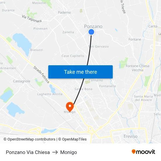 Ponzano Church Street to Monigo map