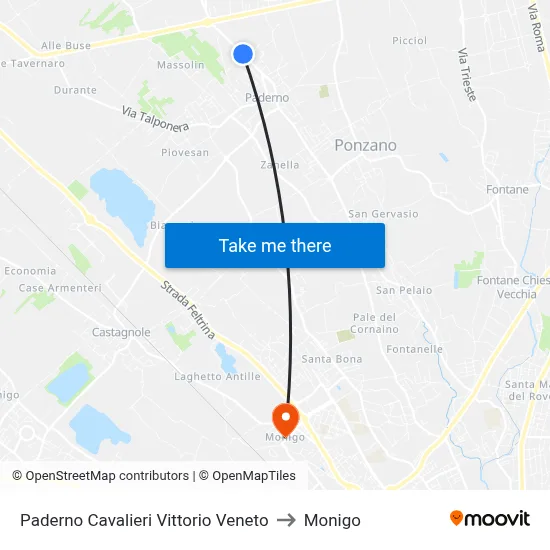 Paderno Cavalieri Vittorio Veneto to Monigo map