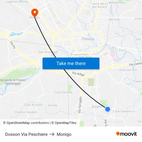 Dosson Via Peschiere to Monigo map
