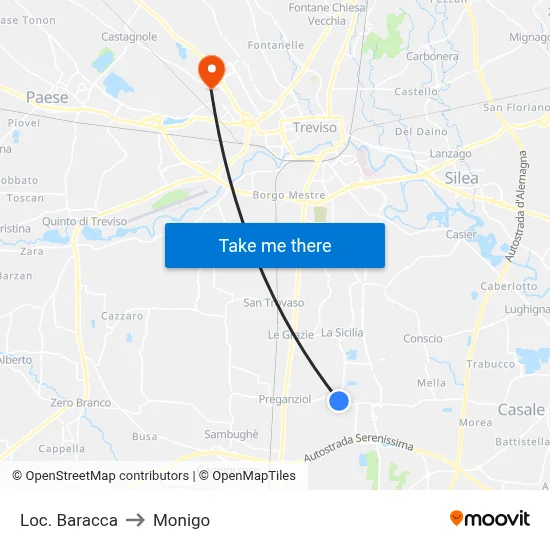 Baracca Location to Monigo map