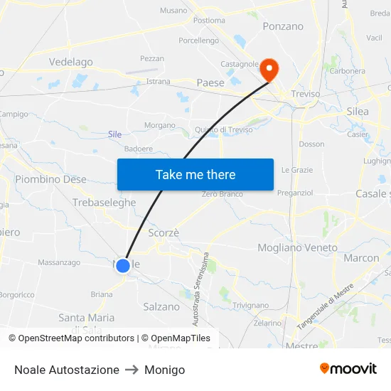 Noale Bus Station to Monigo map