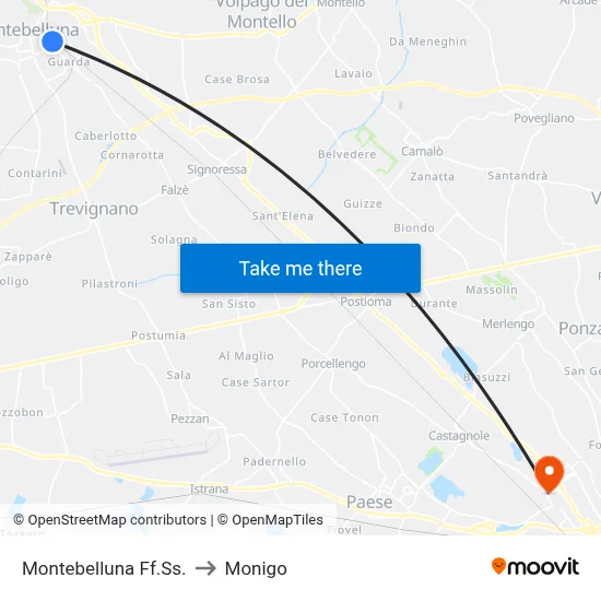 Montebelluna Ff.Ss. to Monigo map