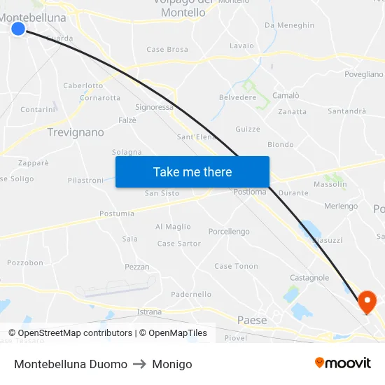 Montebelluna Cathedral to Monigo map
