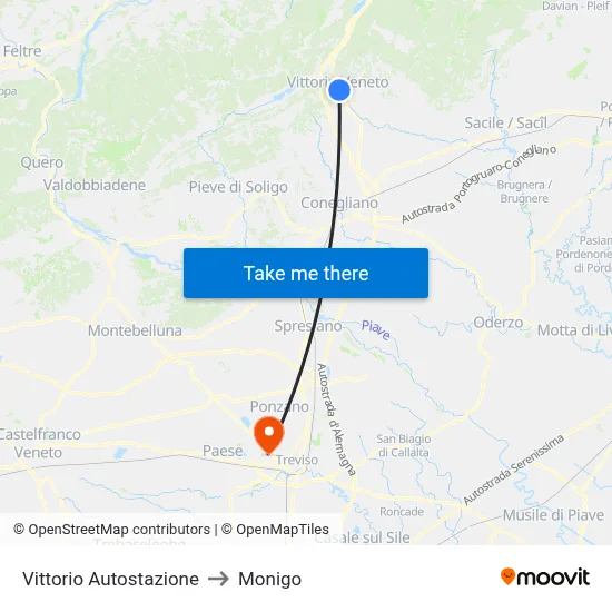 Vittorio Bus Station to Monigo map