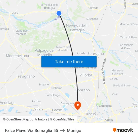 Falze Piave Via Sernaglia 55 to Monigo map
