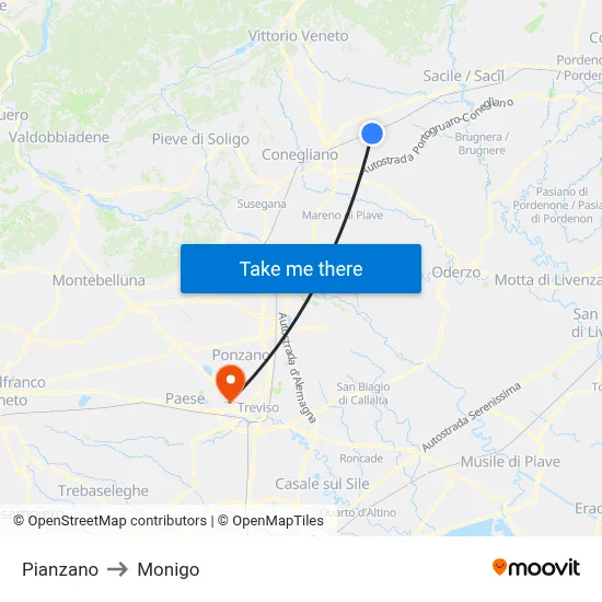 Pianzano to Monigo map