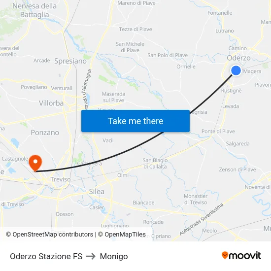 Oderzo Railway Station to Monigo map