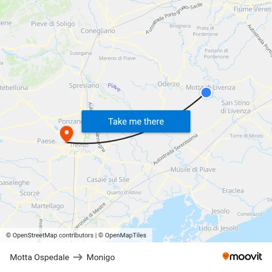 Motta Hospital to Monigo map