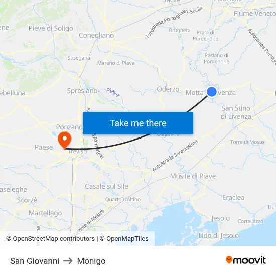 San Giovanni to Monigo map
