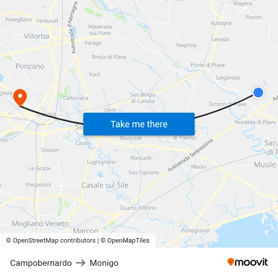 Campobernardo to Monigo map