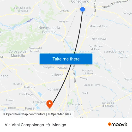 Via Vital Campolongo to Monigo map