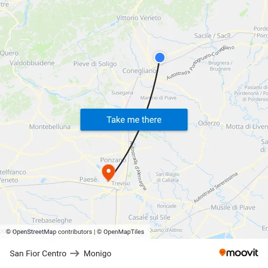 San Fior Center to Monigo map