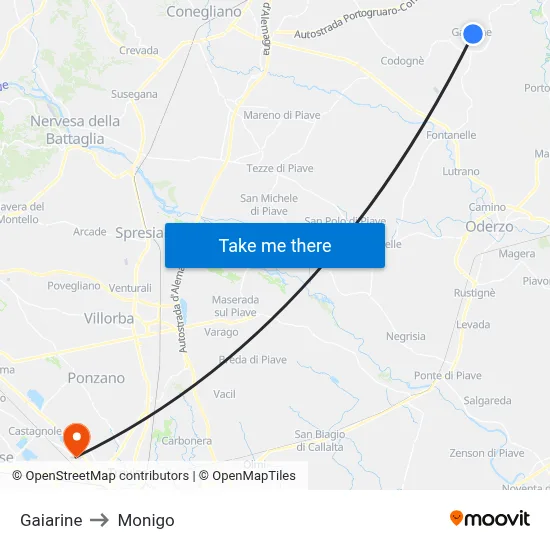 Gaiarine to Monigo map