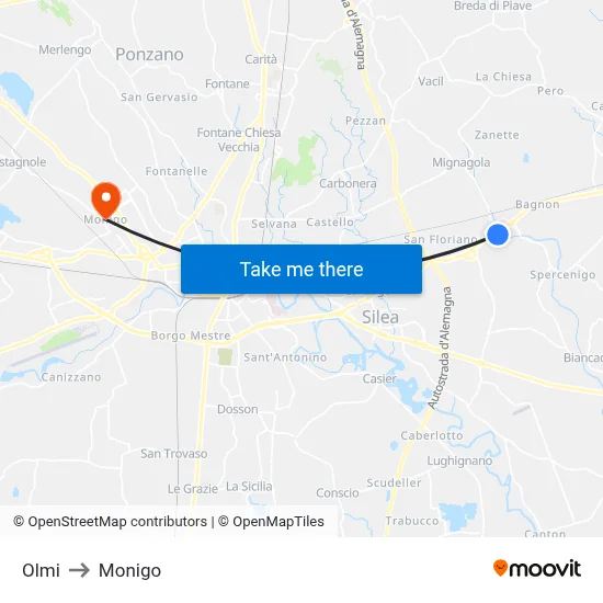 Olmi to Monigo map