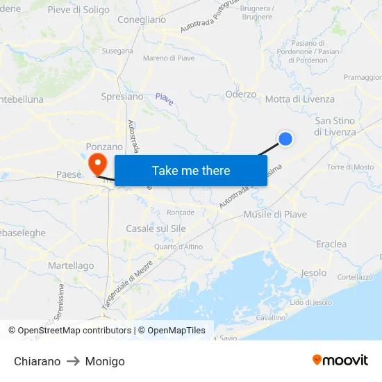 Chiarano to Monigo map