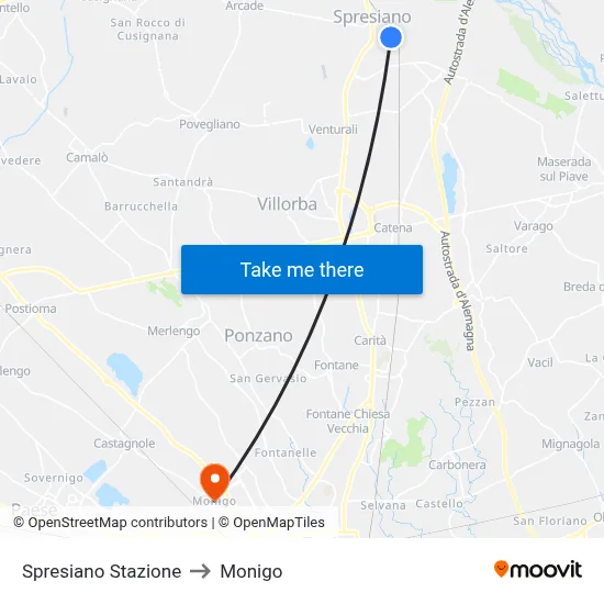 Spresiano Station to Monigo map