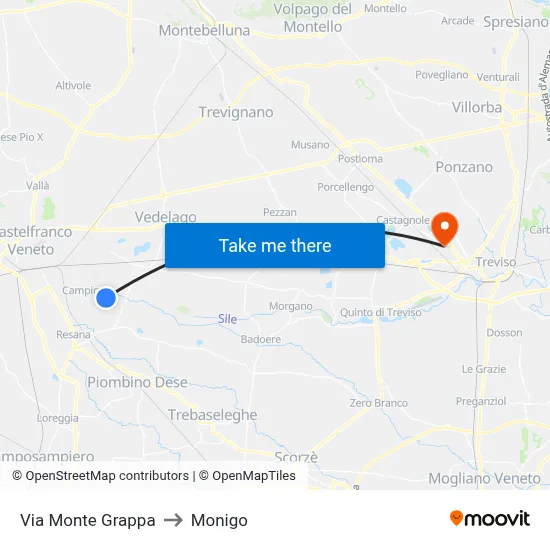 Monte Grappa Street to Monigo map