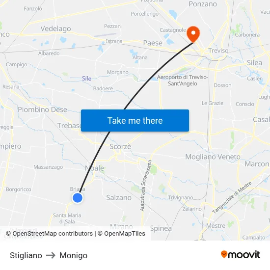 Stigliano to Monigo map