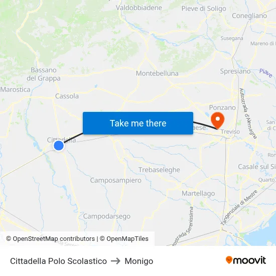 Cittadella School Complex to Monigo map