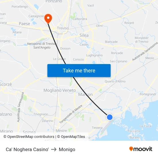 Ca' Noghera Casino to Monigo map