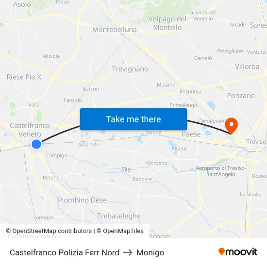 Castelfranco North Railway Police to Monigo map