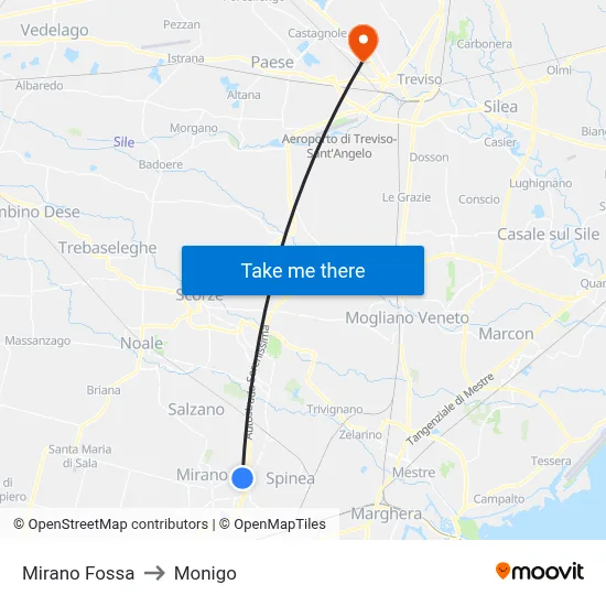 Mirano Fossa to Monigo map