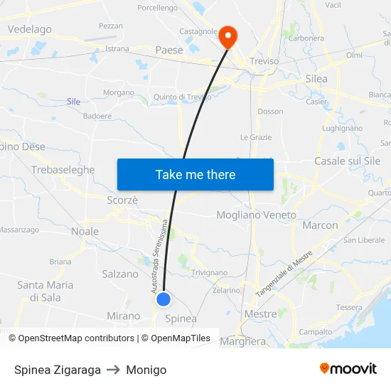 Spinea Zigaraga to Monigo map