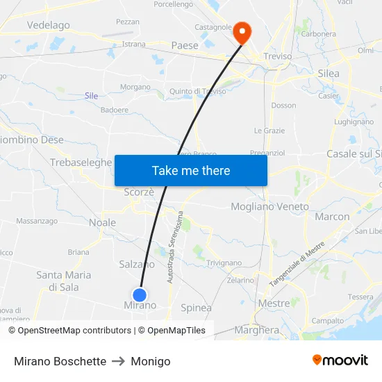 Mirano Boschette to Monigo map