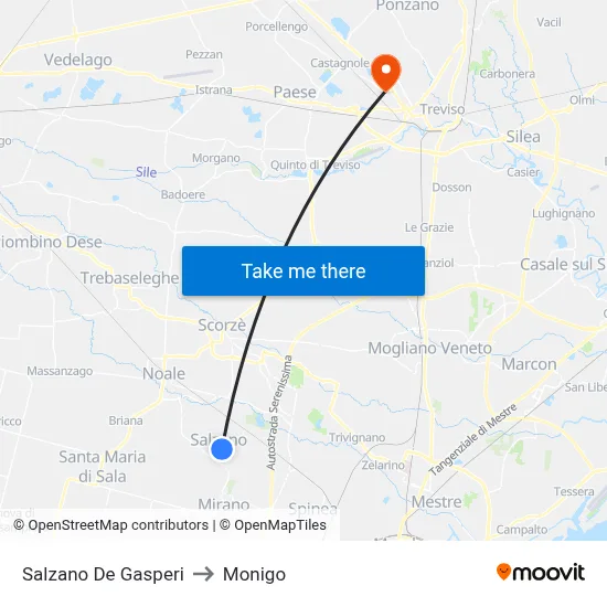 Salzano De Gasperi to Monigo map