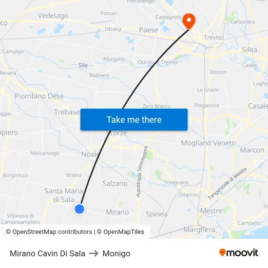 Mirano Cavin Di Sala to Monigo map