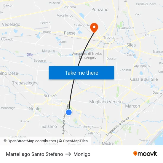 Martellago Santo Stefano to Monigo map