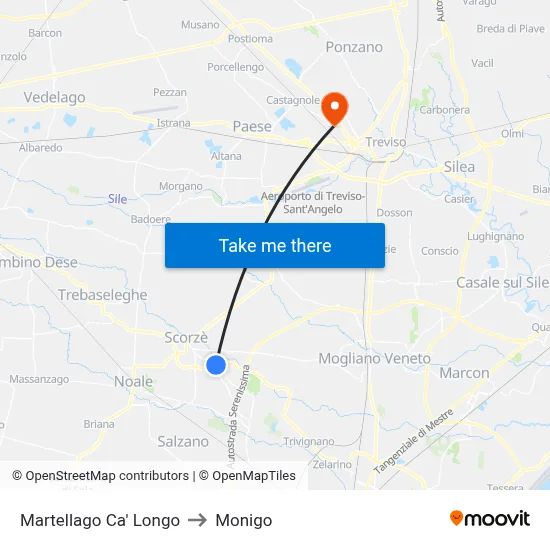 Martellago Ca' Longo to Monigo map