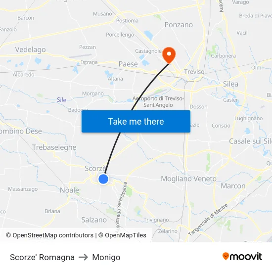 Scorze' Romagna to Monigo map
