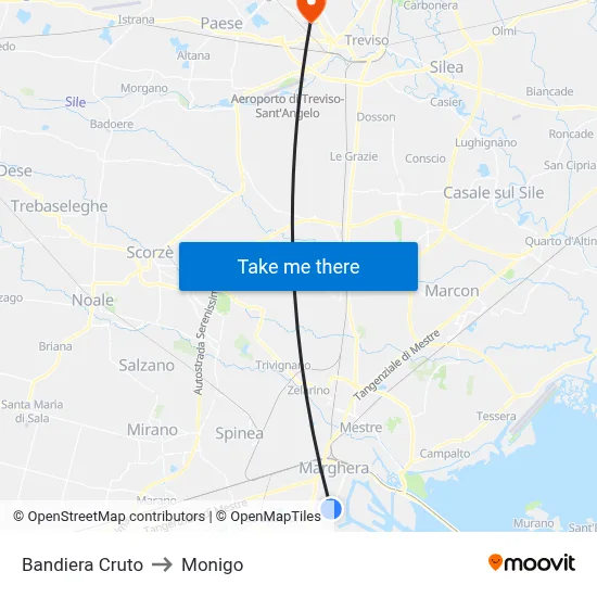 Bandiera Cruto to Monigo map