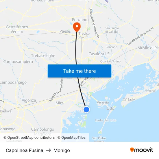Fusina Terminal to Monigo map