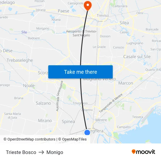 Trieste Woods to Monigo map