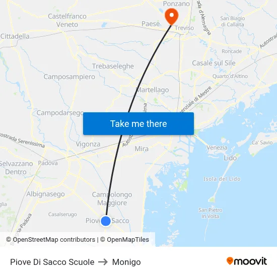 Piove Di Sacco Schools to Monigo map