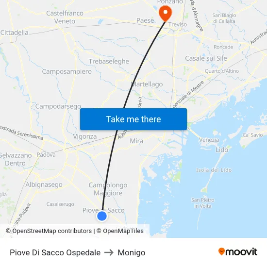 Piove Di Sacco Hospital to Monigo map